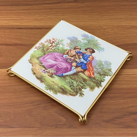 Vintage VILLEROY & BOCH Fragonard Victorian Courting Scene Couple Tile Trivet - Picture 6 of 12